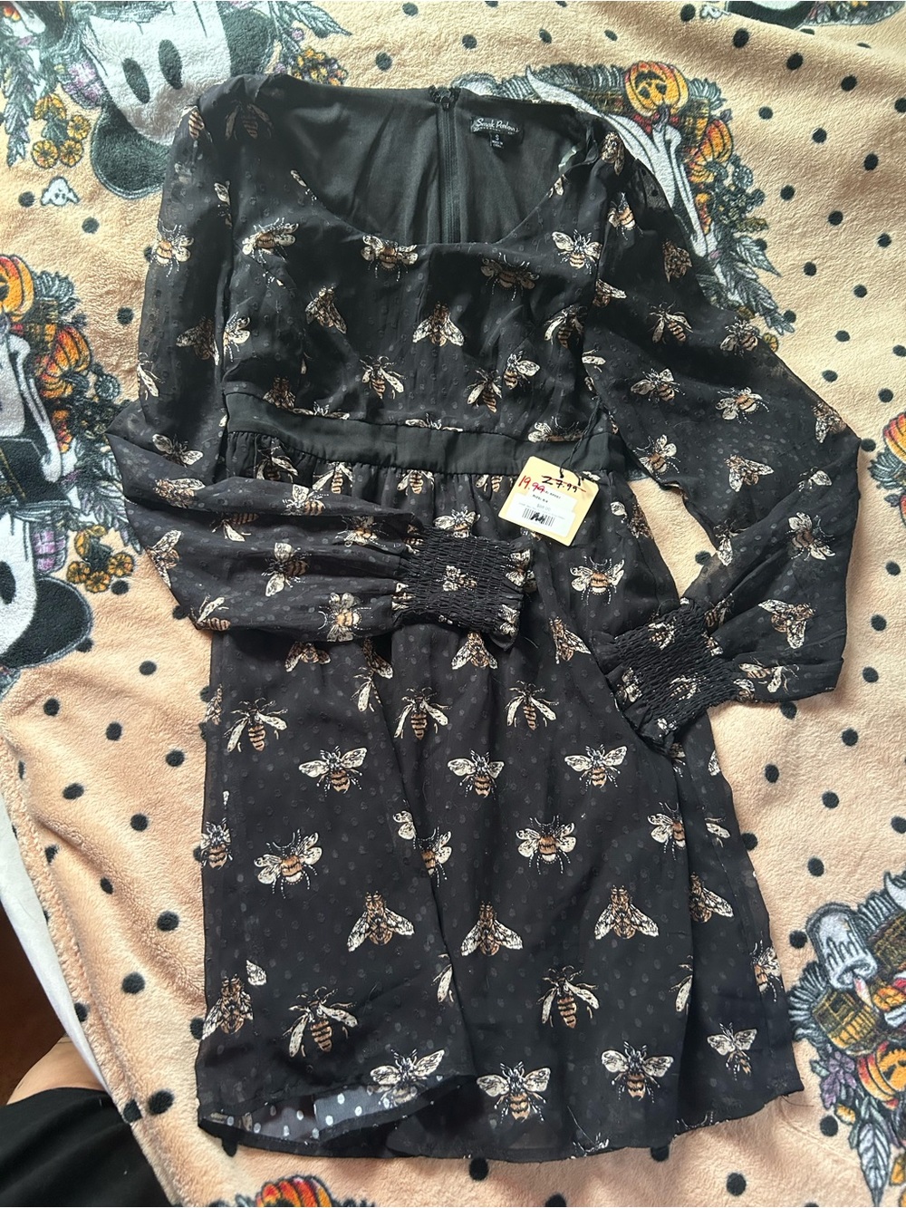 Black Bee Print Long Sleeve Dress - Unbranded
